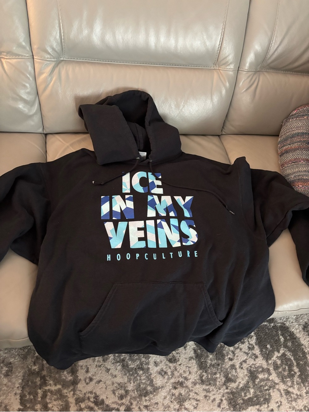 Jerzees Black Hoodie with Blue & White 'Ice In My Veins' Graphic